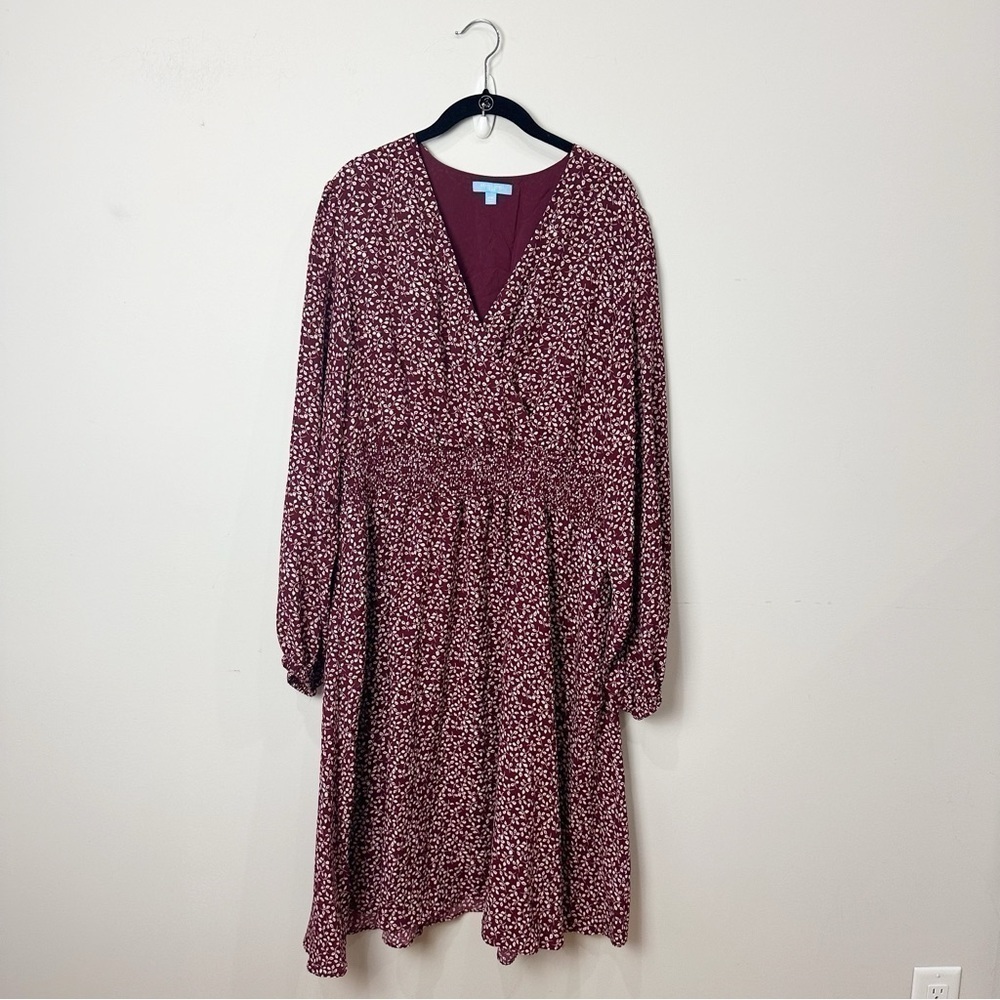 Draper James Surplus Neckline Vine Print Wine Red Dress Bishop Sleeve - Picture 2 of 8